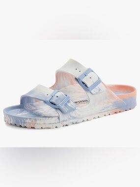BIRKENSTOCK Arizona EVA in a marble Coral Peach & Blue Color way. EU Size 40